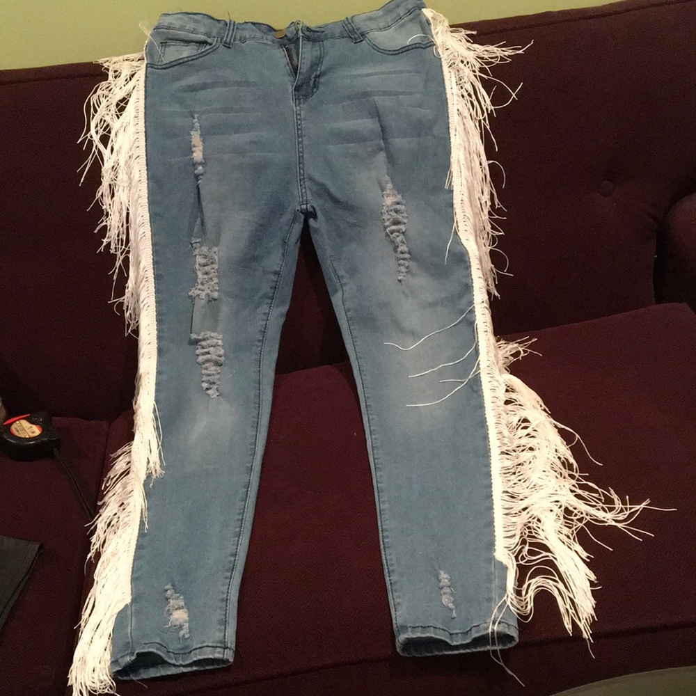 New denim jeans,fringes-onside L 40,waist 30,hips 36,fits like Med/Large,